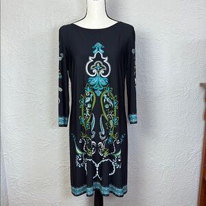 London Times Black and Blue Patterned Dress